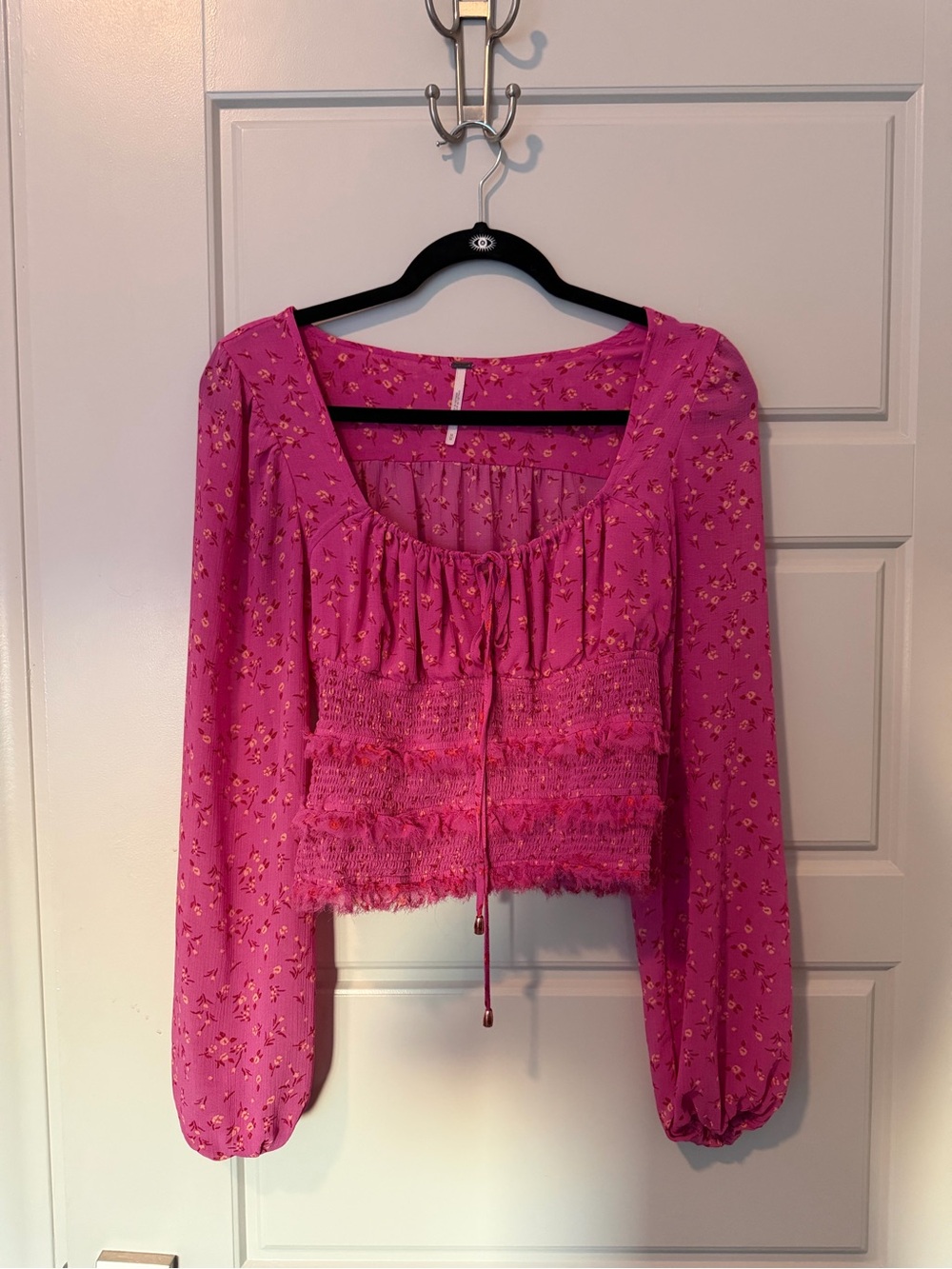 Free People Fuchsia Floral Smocked Tie-Front Blouse